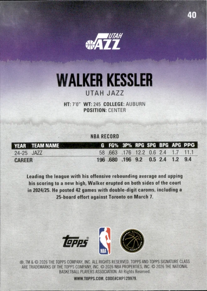 Walker Kessler card back