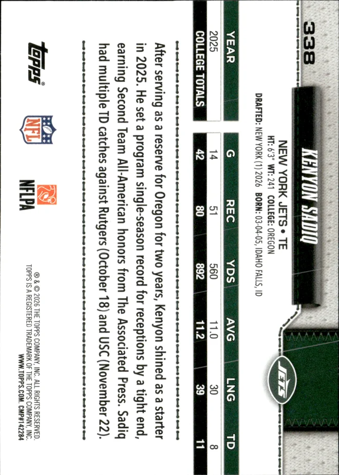 Kenyon Sadiq card back