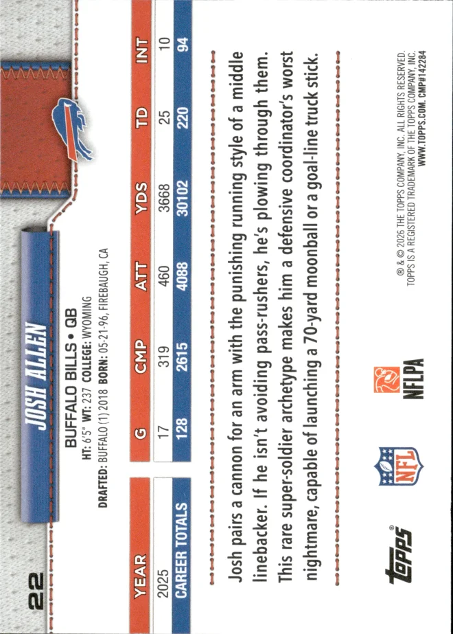 Josh Allen card back
