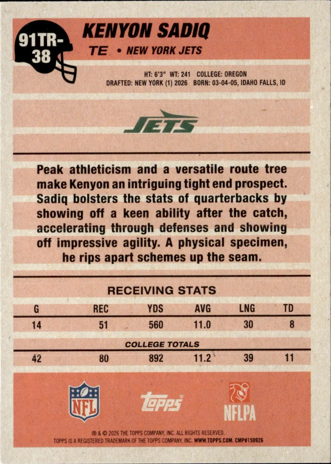 Kenyon Sadiq card back