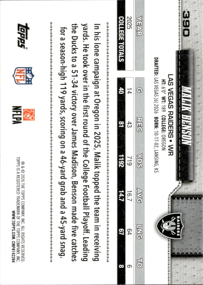 Malik Benson card back