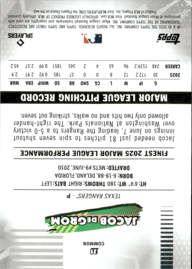 Jacob deGrom card back