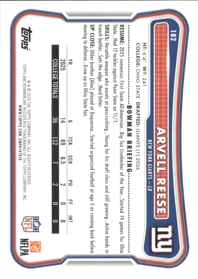 Arvell Reese card back