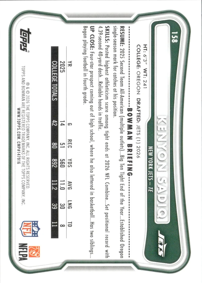 Kenyon Sadiq card back