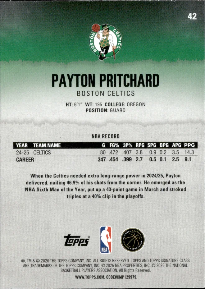 Payton Pritchard card back