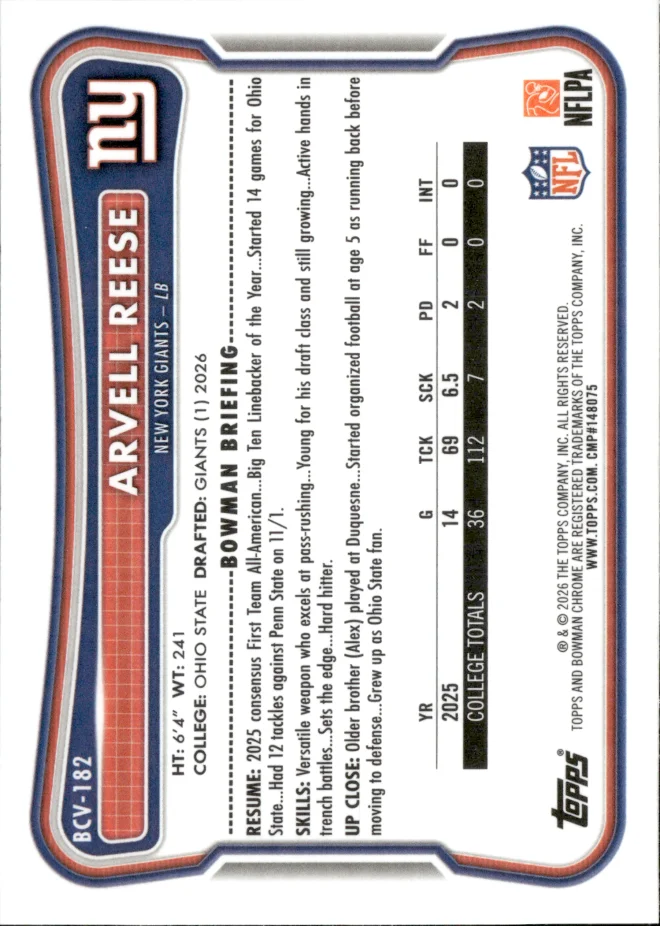 Arvell Reese card back