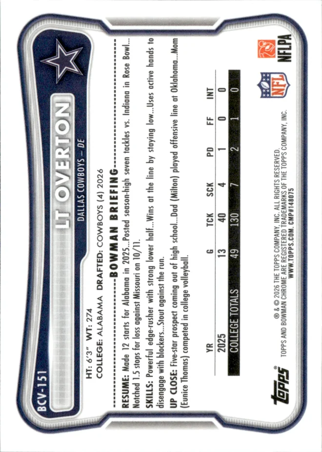 LT Overton card back