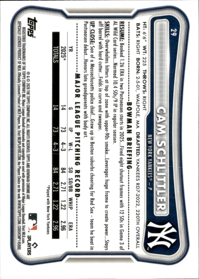 Cam Schlittler card back