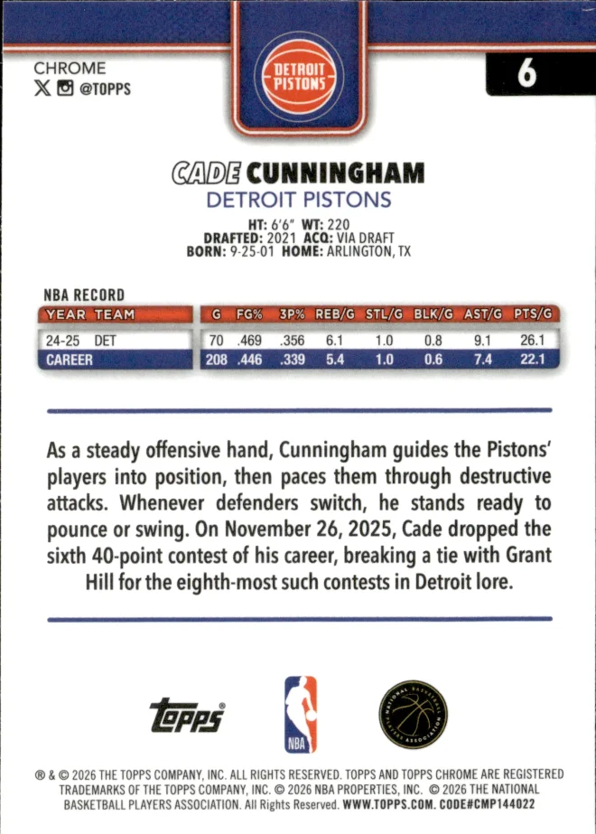 Cade Cunningham card back