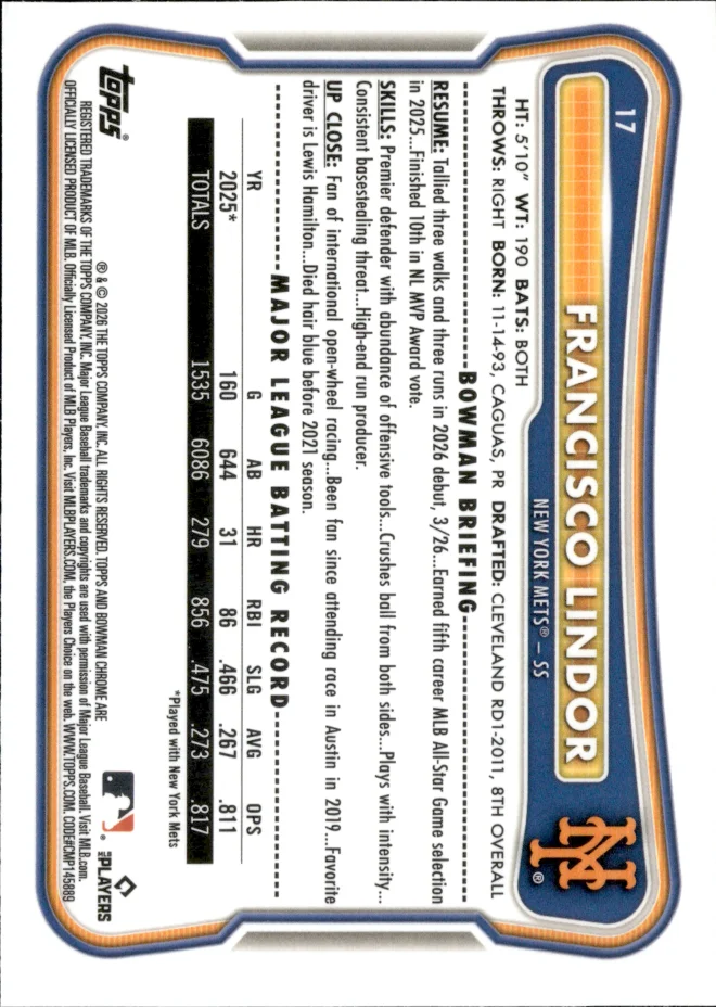Francisco Lindor card back