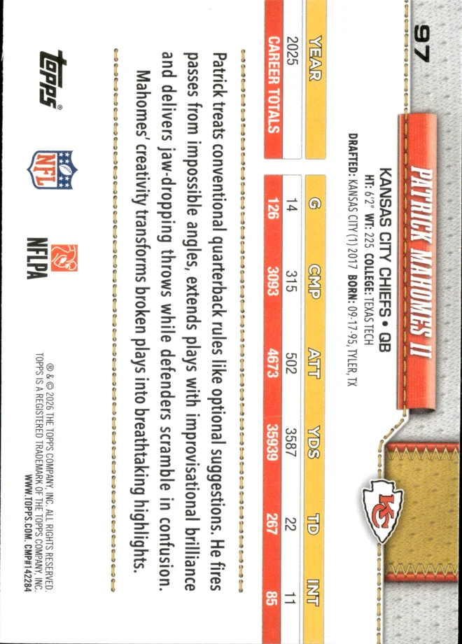 Patrick Mahomes II card back