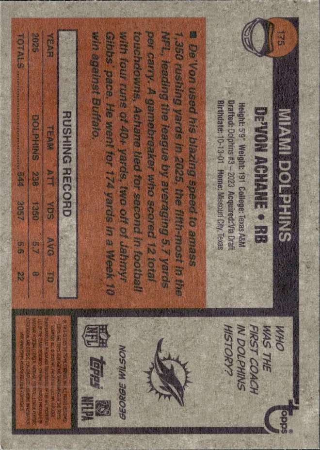De'Von Achane card back