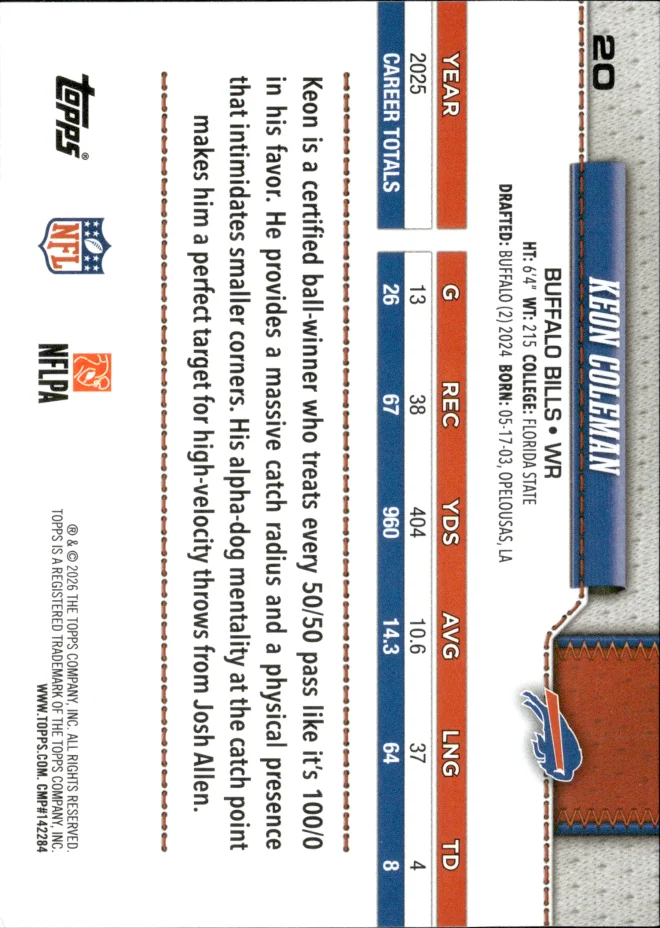 Keon Coleman card back