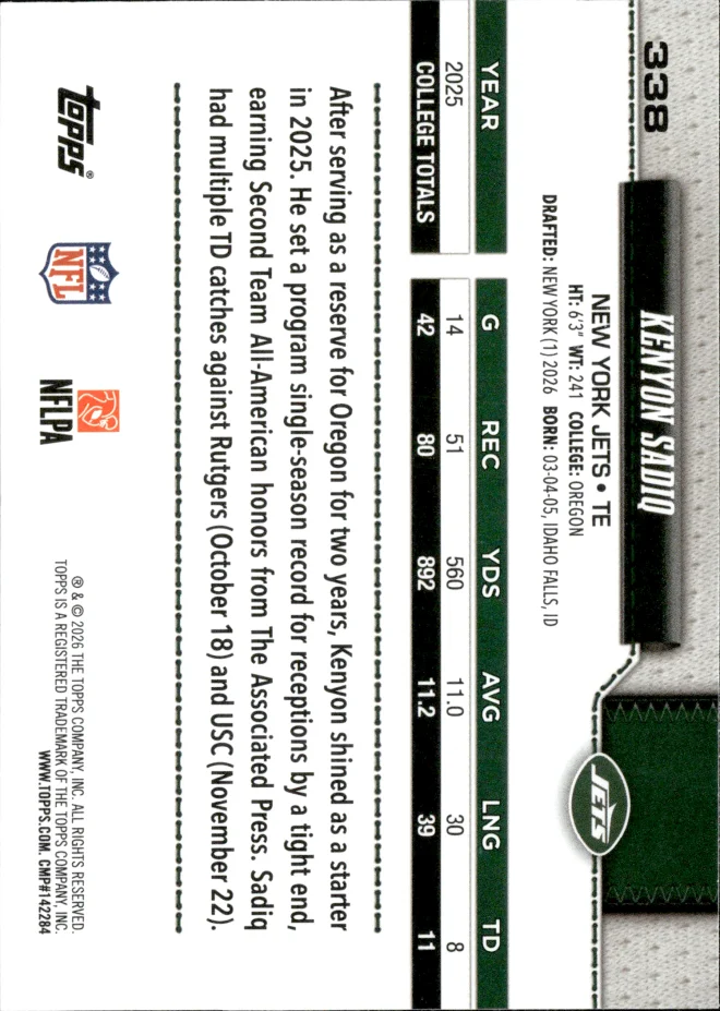 Kenyon Sadiq card back