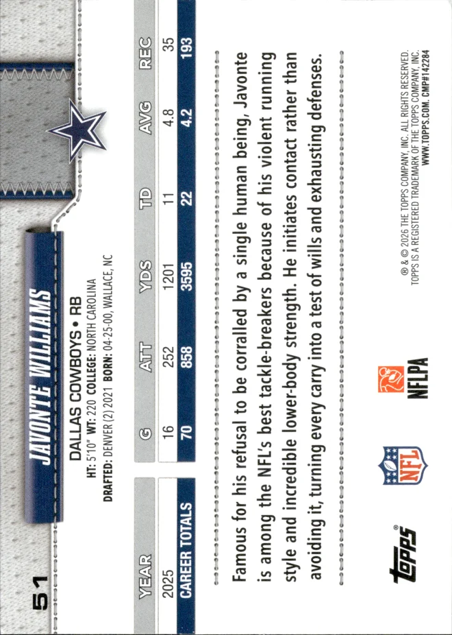 Javonte Williams card back