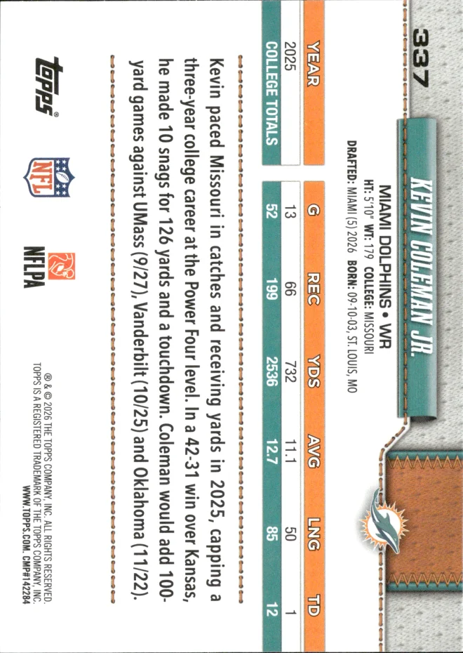 Kevin Coleman Jr. card back