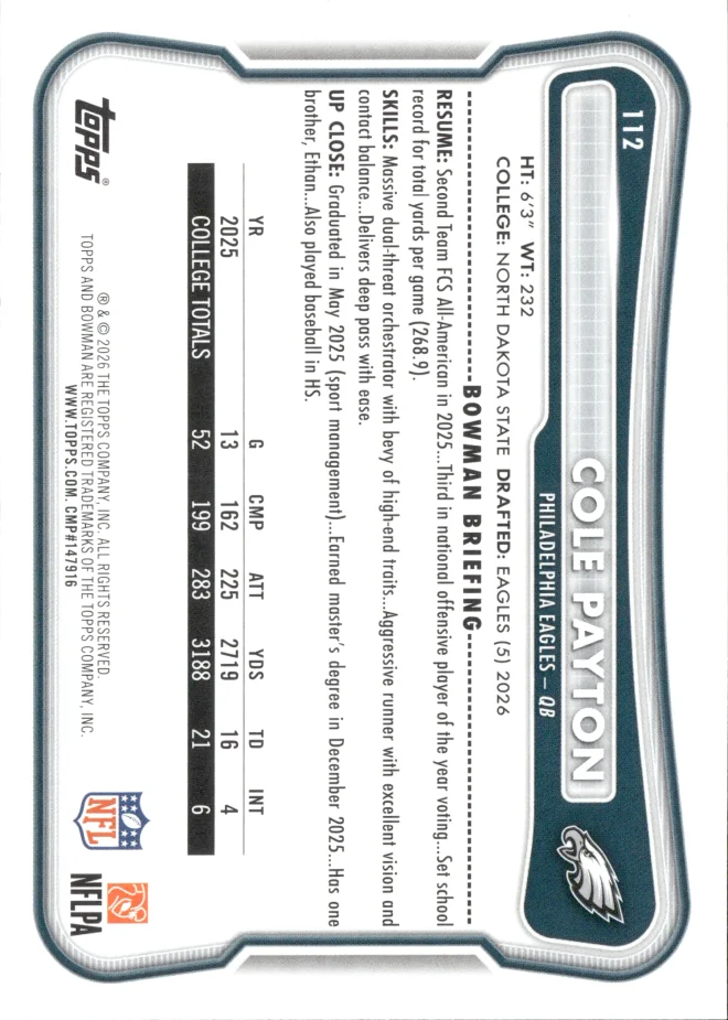 Cole Payton card back