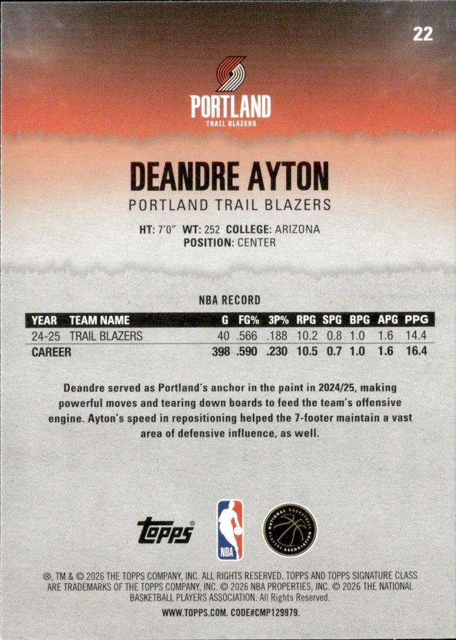 Deandre Ayton card back