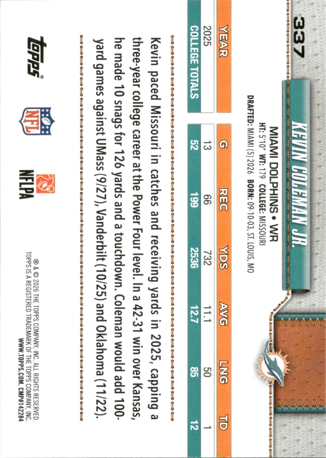 Kevin Coleman Jr. card back