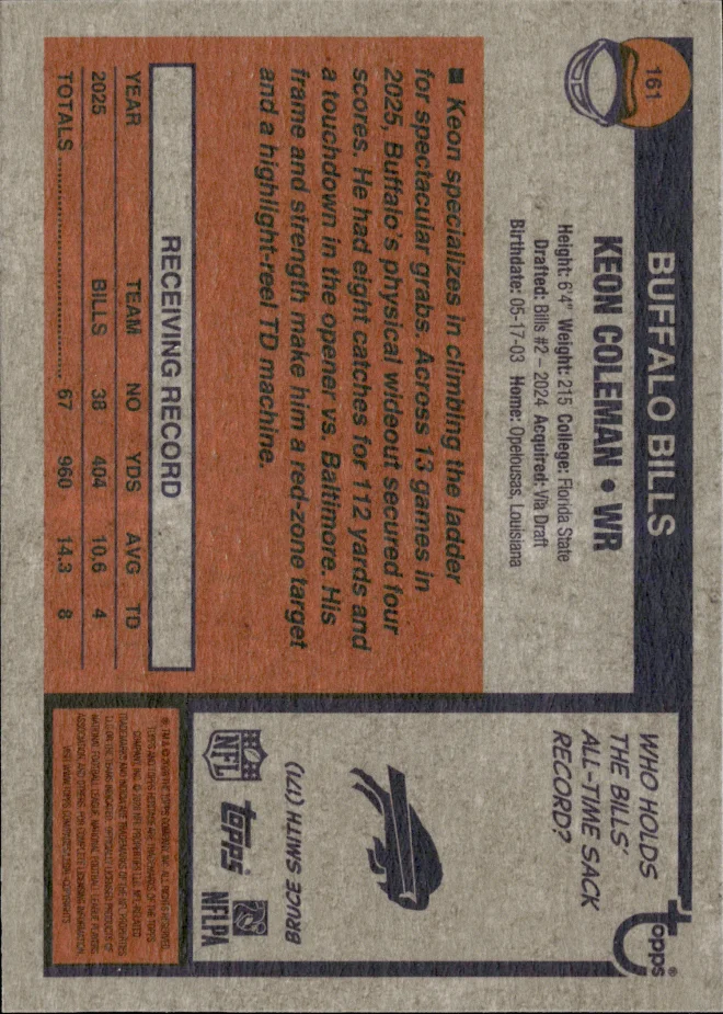 Keon Coleman card back