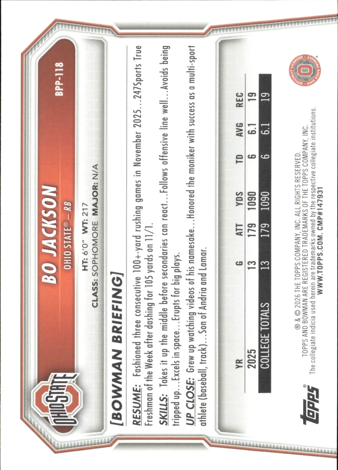 Bo Jackson card back