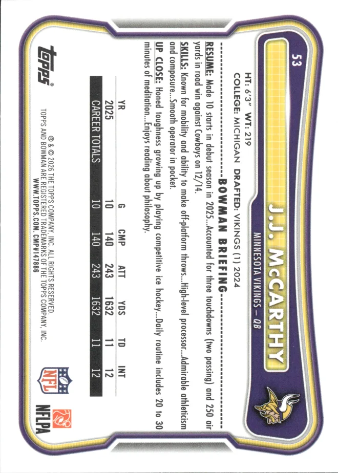 J.J. McCarthy card back