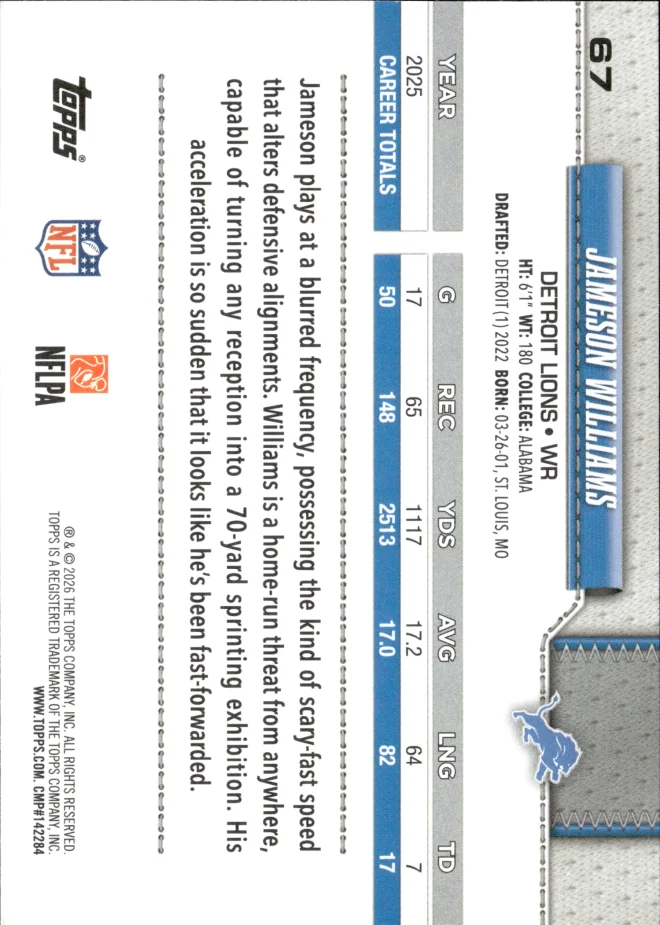 Jameson Williams card back
