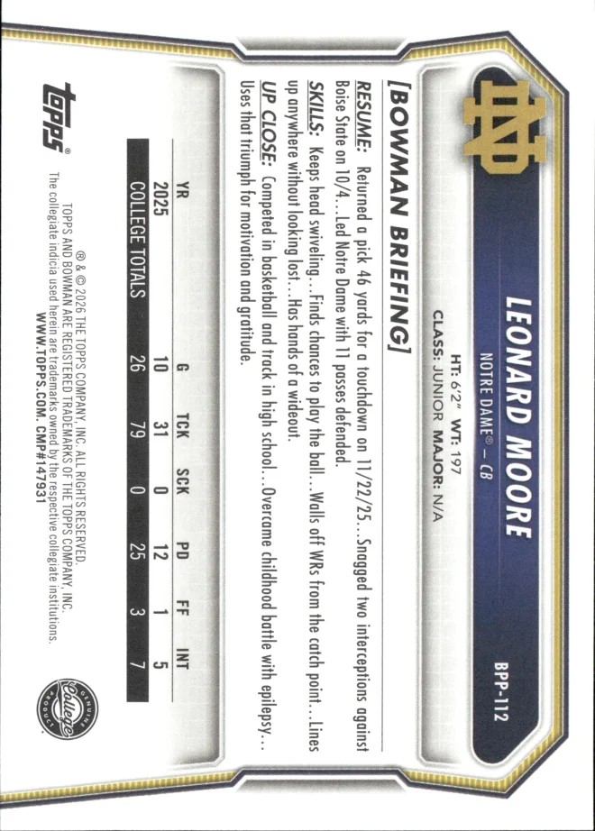 Leonard Moore card back
