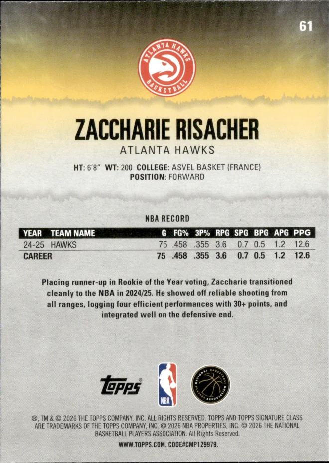 Zaccharie Risacher card back