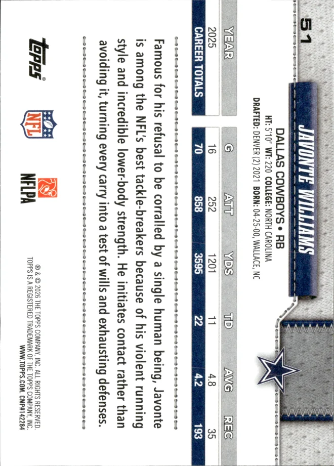 Javonte Williams card back
