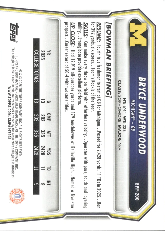 Bryce Underwood card back