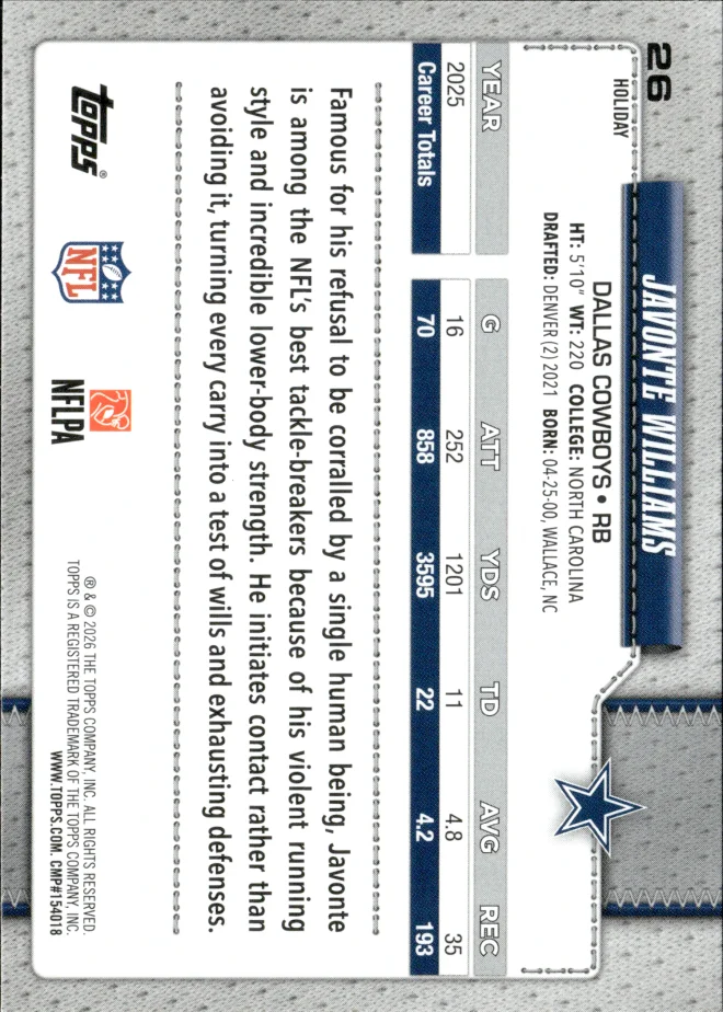 Javonte Williams card back