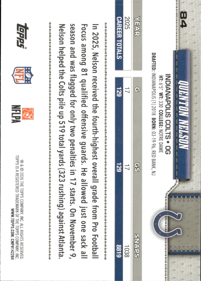Quenton Nelson card back