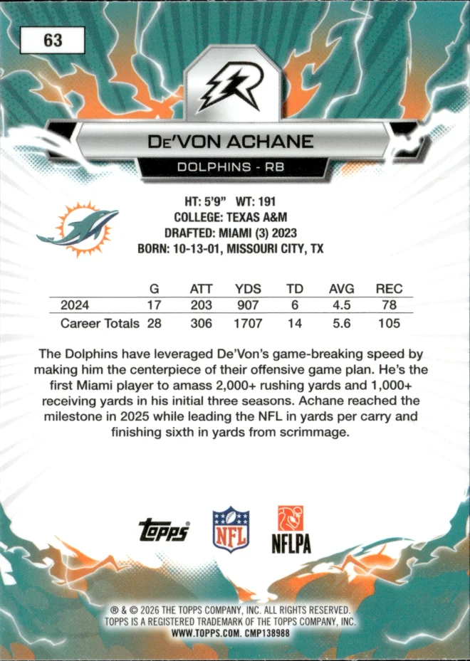 De'Von Achane card back