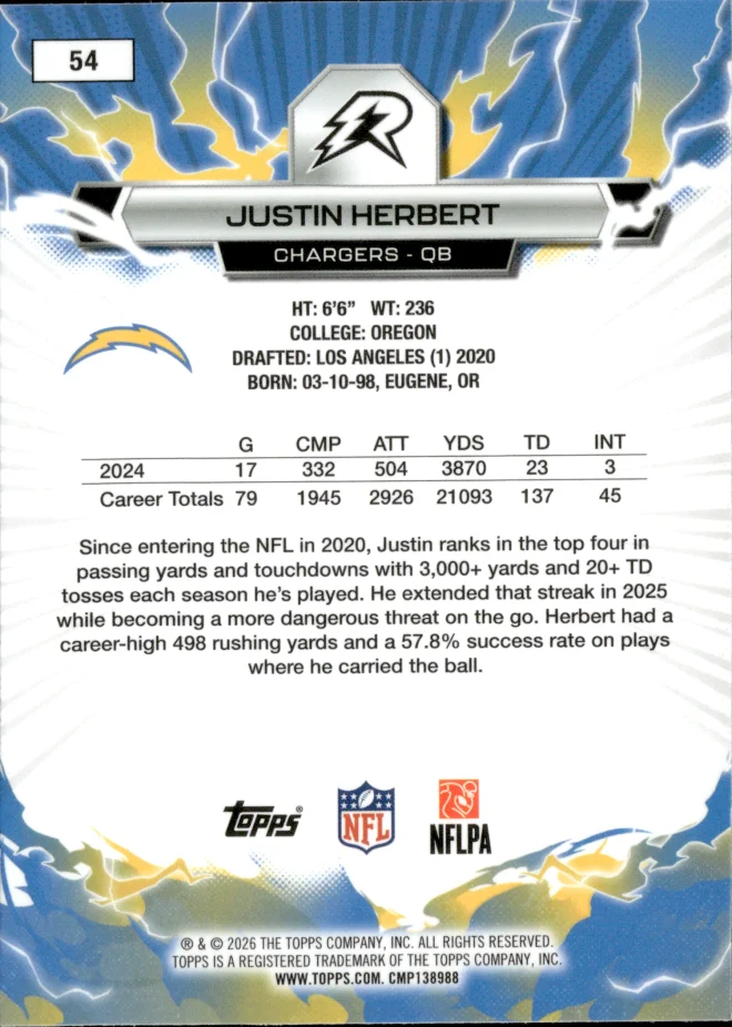 Justin Herbert card back