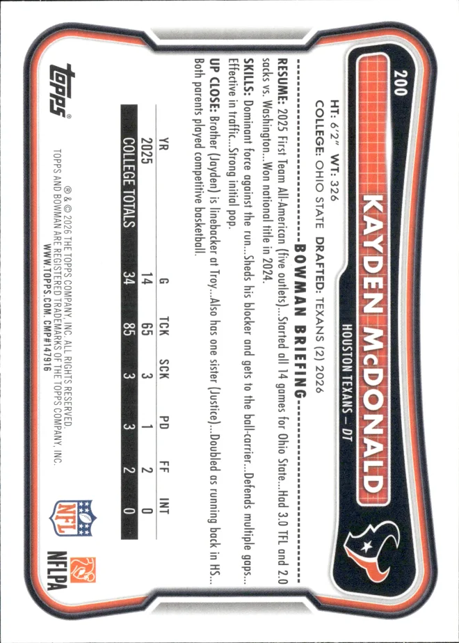 Kayden McDonald card back
