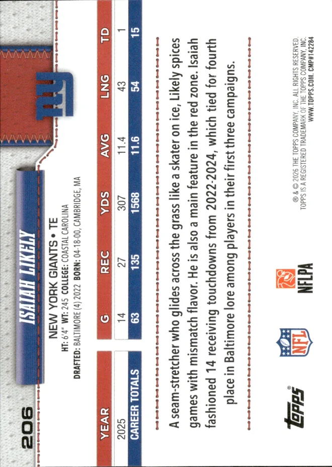 Isaiah Likely card back