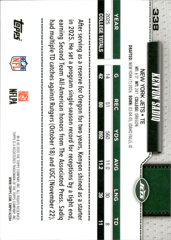 Kenyon Sadiq card back