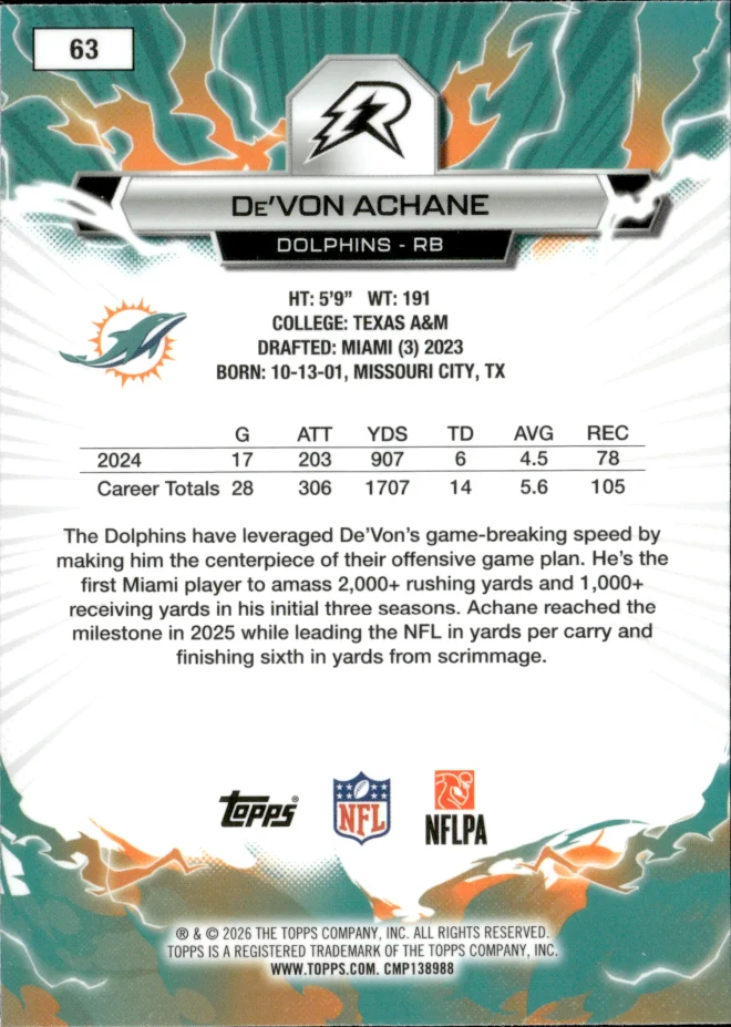 De'Von Achane card back