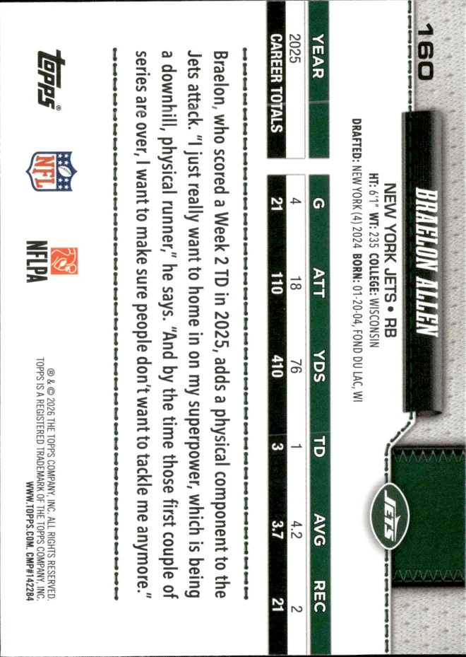 Braelon Allen card back