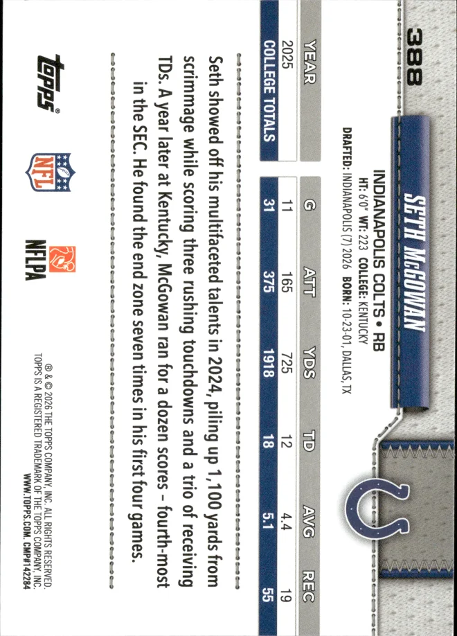 Seth McGowan card back