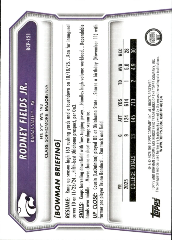 Rodney Fields Jr. card back