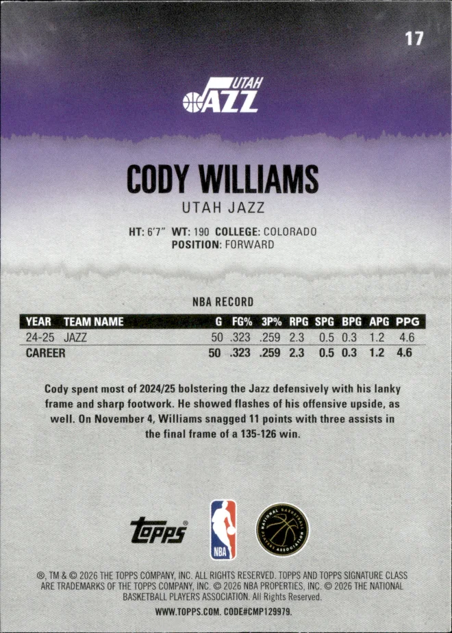 Cody Williams card back