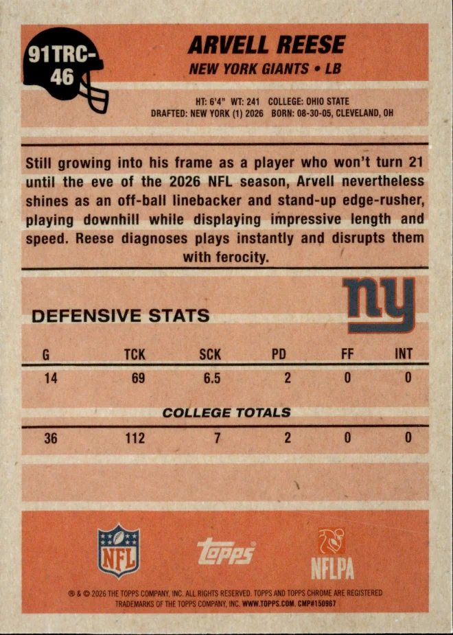 Arvell Reese card back