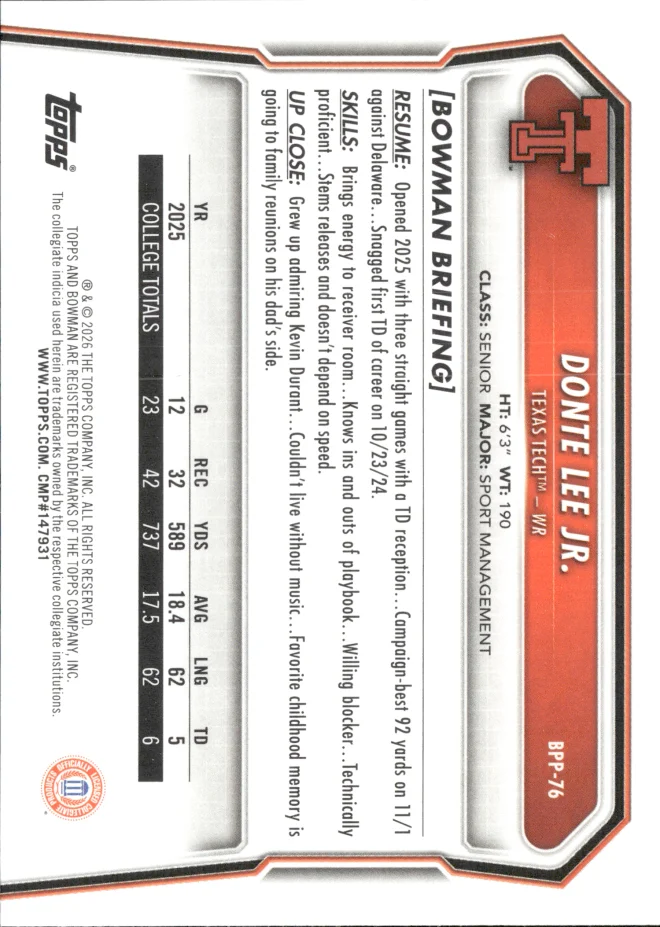 Donte Lee Jr. card back