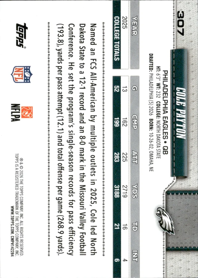 Cole Payton card back