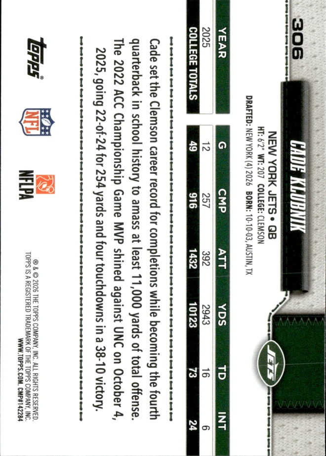 Cade Klubnik card back