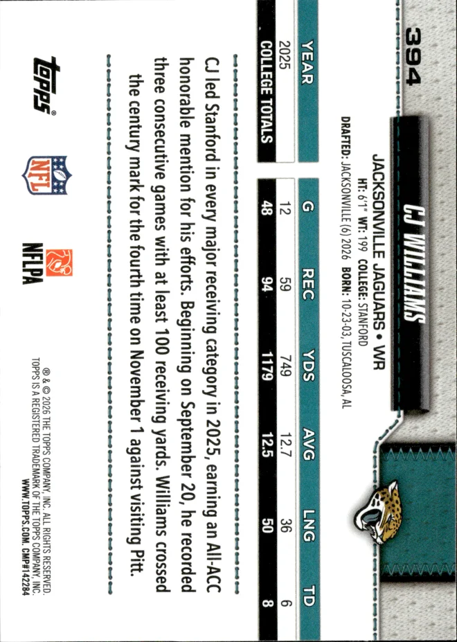 CJ Williams card back