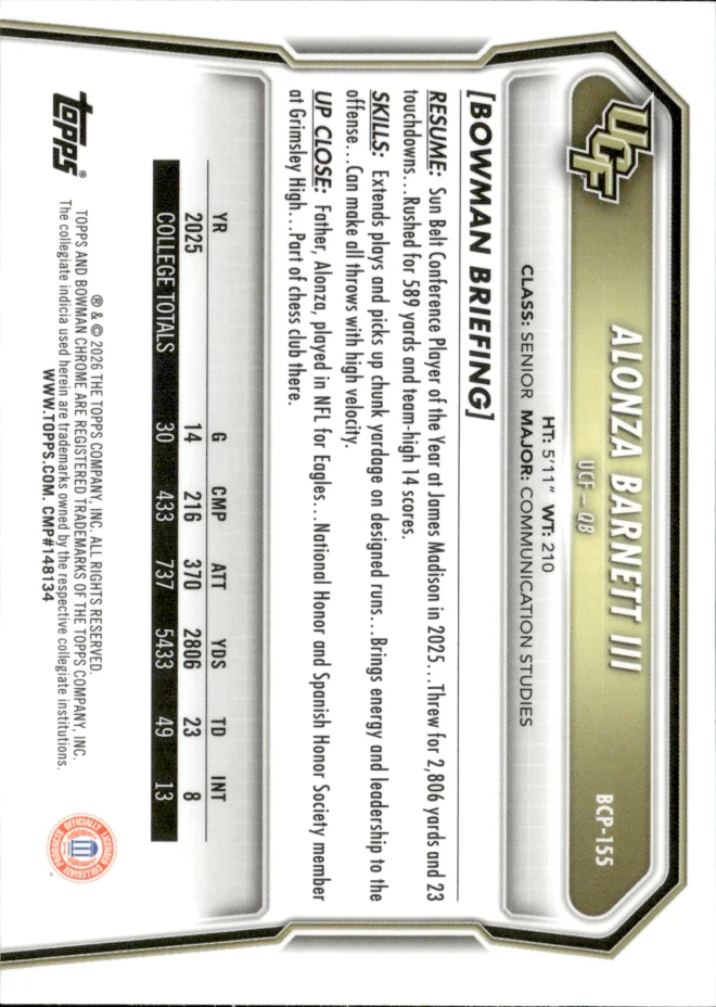 Alonza Barnett III card back