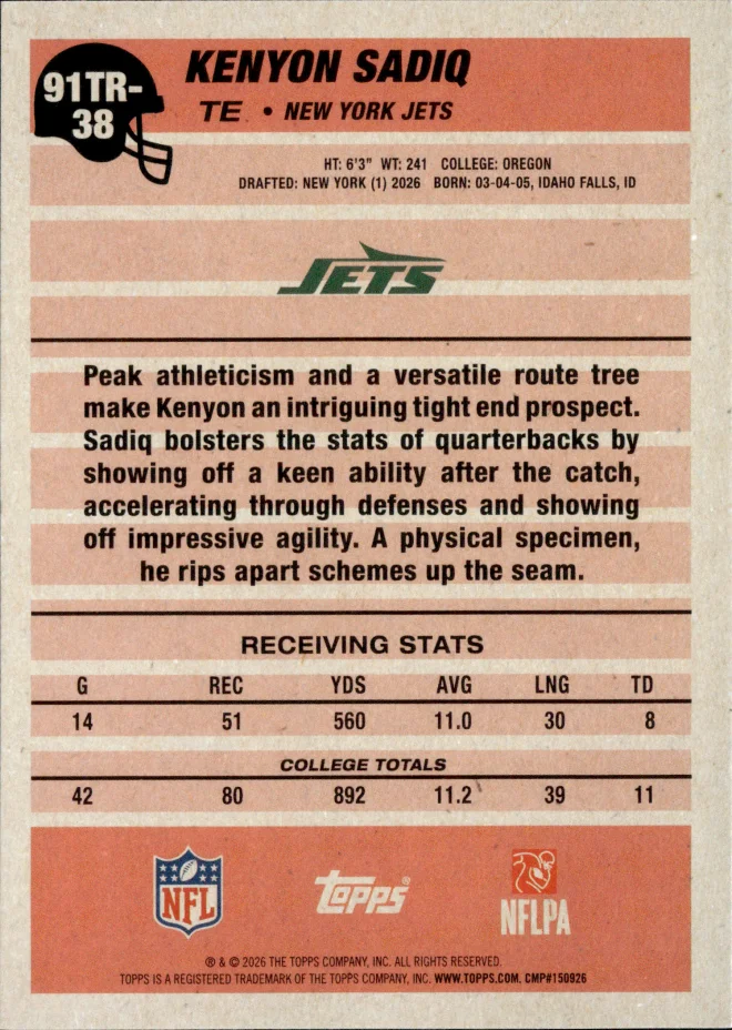 Kenyon Sadiq card back